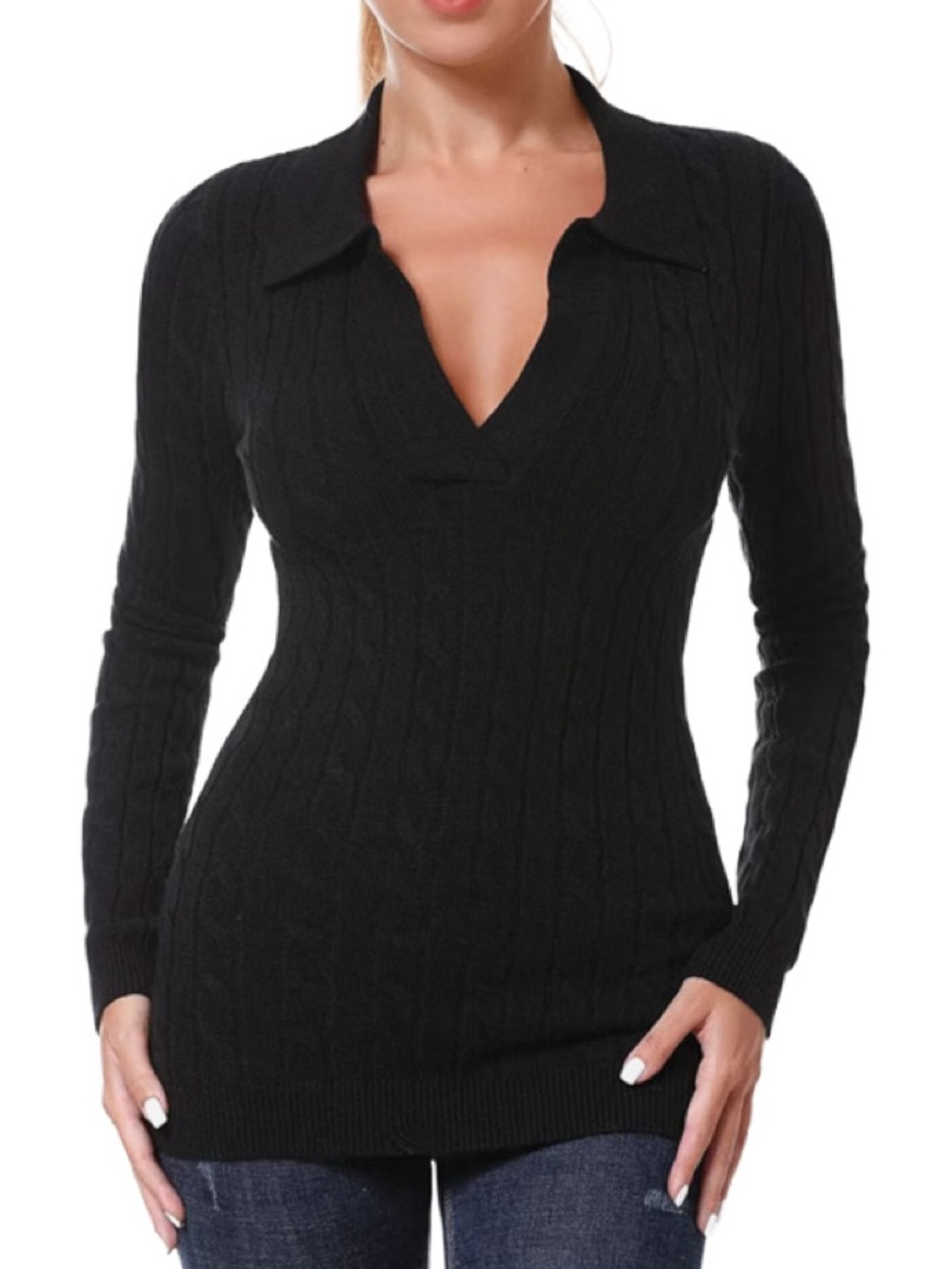 Cable-Knit Black Sweater with Collar